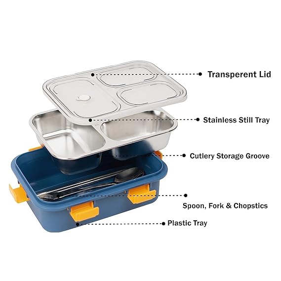 Stainless Steel Lunch Box | 3 Compartment Leak Proof | Blue - Image 2